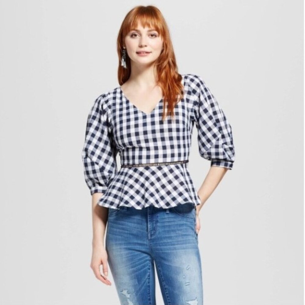 J By J.O.A.  Gingham Puff Sleeve Peplum Top